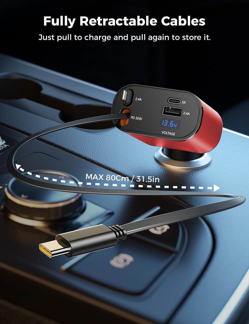 SUPERONE 【Upgraded】 Retractable Car Charger 4 in 1, Fast Car Phone Charger with Cord 2.6ft, USB C and Apple Car Charger Adapter, Compatible with iPhone 17/16/15/15 Pro Max/14/13/12/11, Galaxy, Pixel - Image 3